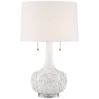 Natalia Modern Country Cottage Table Lamp 27" Tall White Ceramic Glaze Textured Floral Bloom Drum Shade for Bedroom Living Room House Home Bedside Nightstand Office Family - Possini Euro Design
