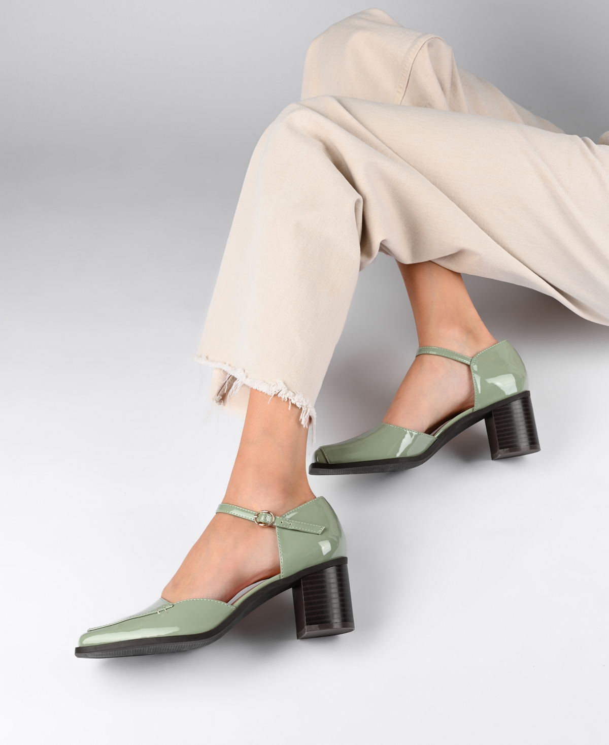 Journee Collection Women's Evangeline Buckle Strap Square Toe Block Heel Pumps