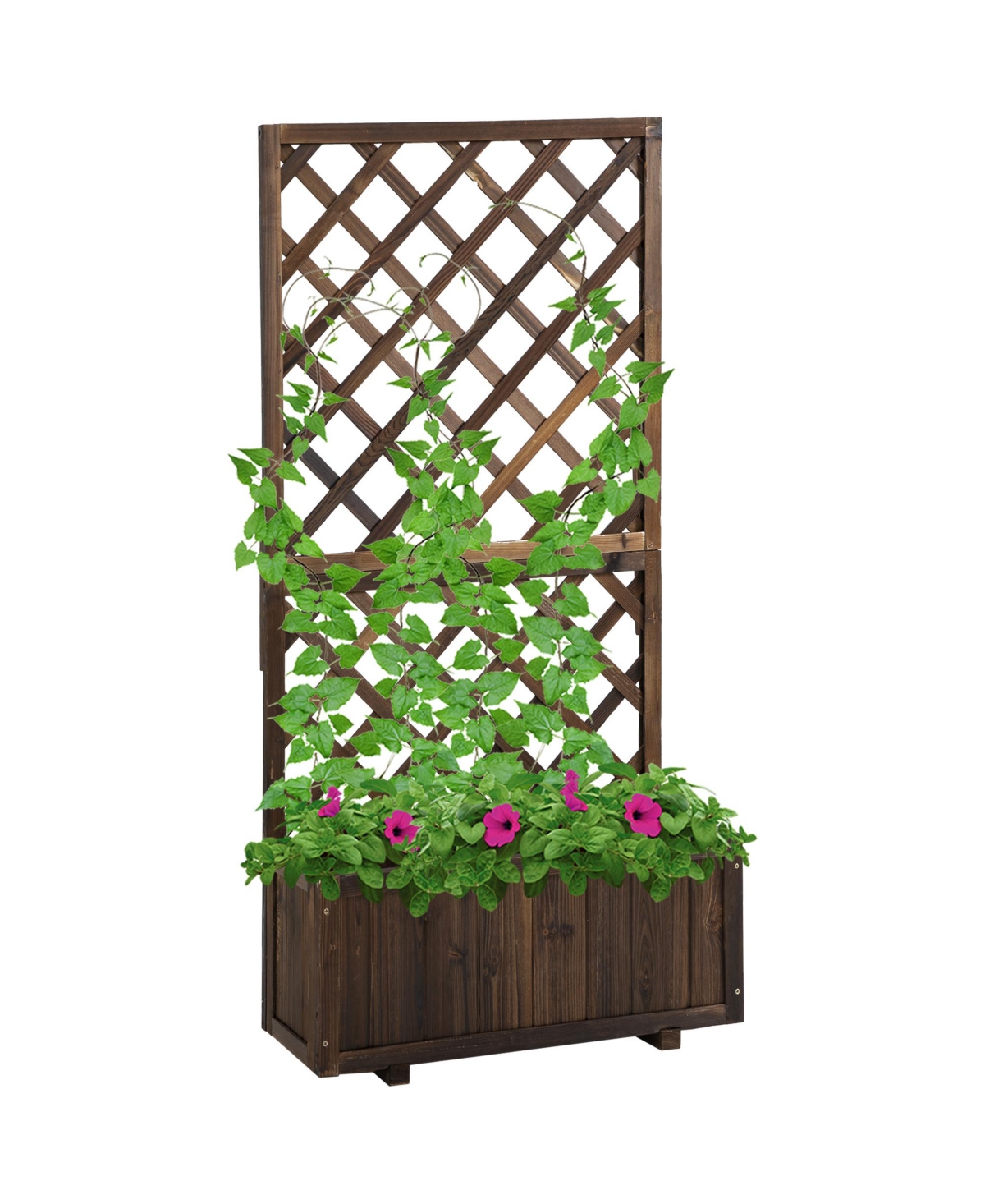 Wooden Raised Garden Bed with Trellis and Drain Holes, Brown - Brown