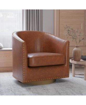 Ada Upholstered Club Style Barrel Chair With Nail Trim, Sloped Arms, And 360 Degree Swivel Base In A Vinyl Wrap