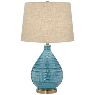 Kayley Mid Century Modern Coastal Table Lamp Textured Ceramic 24" High Sky Blue Glaze Linen Fabric Tapered Drum Shade for Living Room Bedroom House Bedside Nightstand Home - 360 Lighting