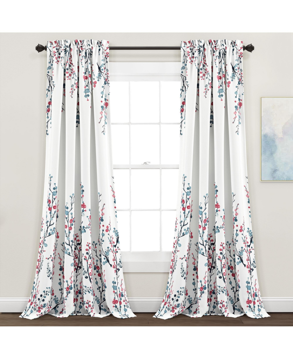 Mirabelle Watercolor Floral Light Filtering Window Curtain Panels Blue/Coral 52x95+2 Set - Blue