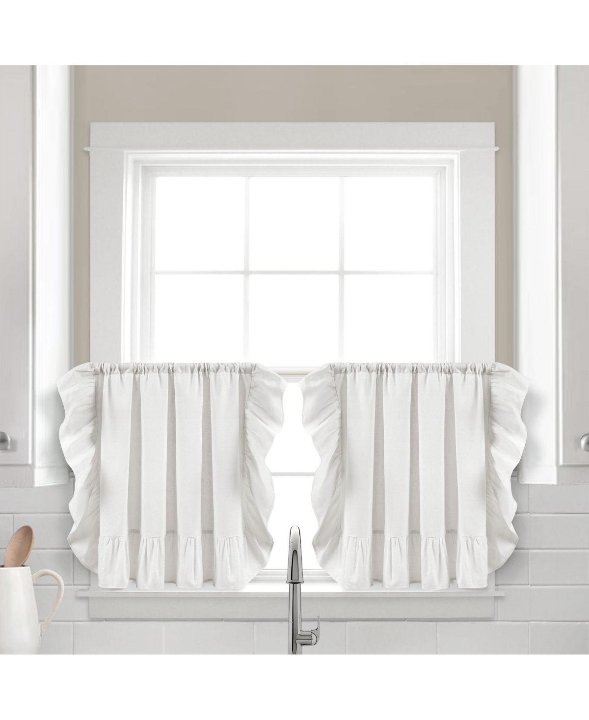 Linen Ruffle Kitchen Tier Window Curtain Panels - White