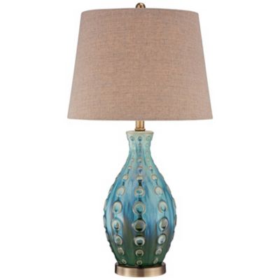 Mid Century Modern Vase-Shaped Table Lamp 26.5" High Textured Glaze Teal Green Hand-Made Ceramic Tan Linen Drum Shade for Living Room Bedroom House Bedside Home (Color May Vary) - 360 Lighting