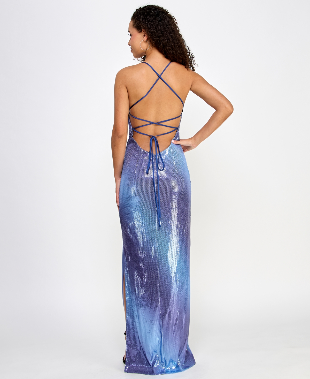 Shop Violet Weekend Juniors' Strappy Ombre Sequin Gown In Blue Silver