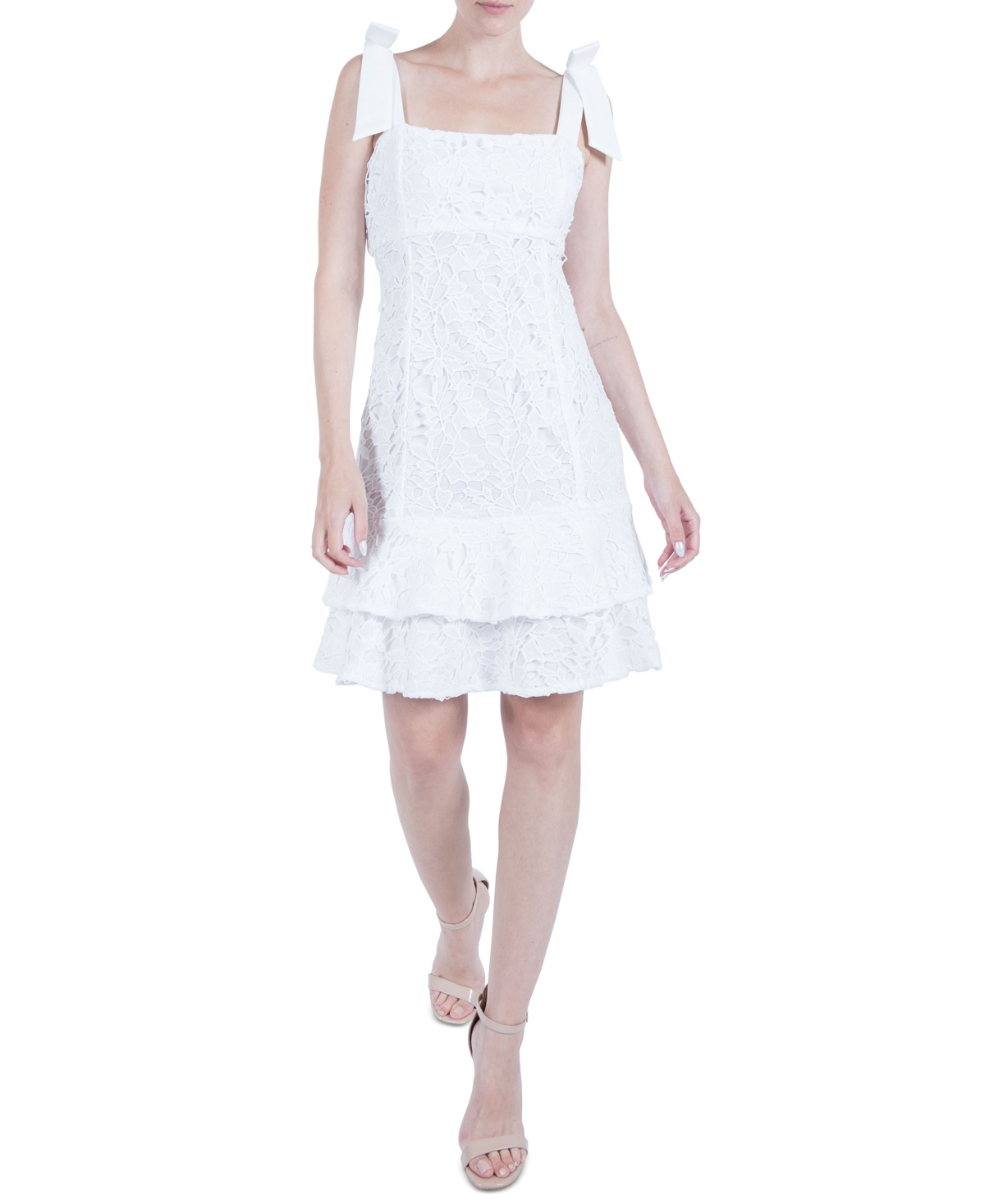 Women's Lace Bow-Trim Tiered Dress - Ivory