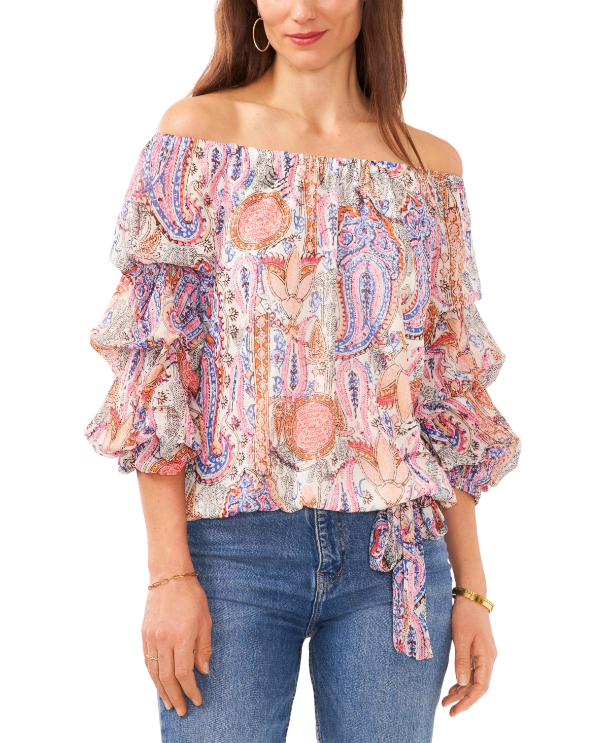 VINCE CAMUTO WOMEN'S PAISLEY OFF THE SHOULDER BUBBLE SLEEVE TIE FRONT BLOUSE