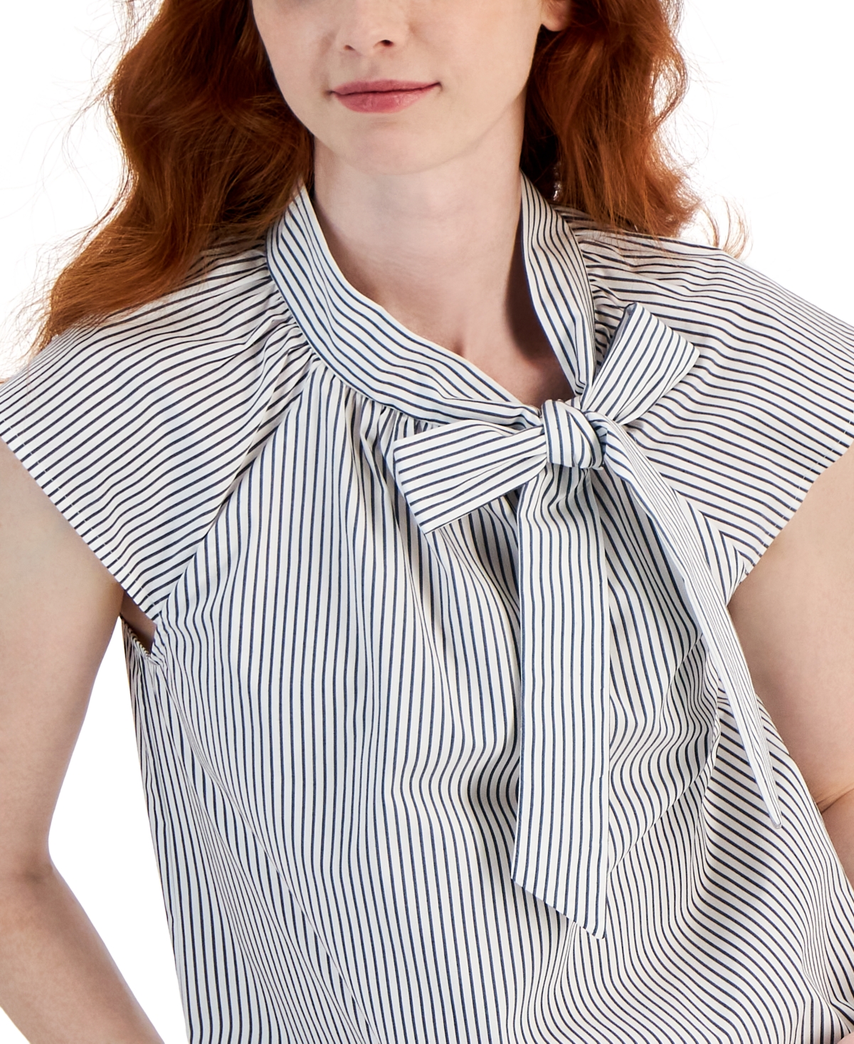 Shop Jones New York Women's Cotton Striped Bow-neck Short-sleeve Blouse In Jones Black,nyc White