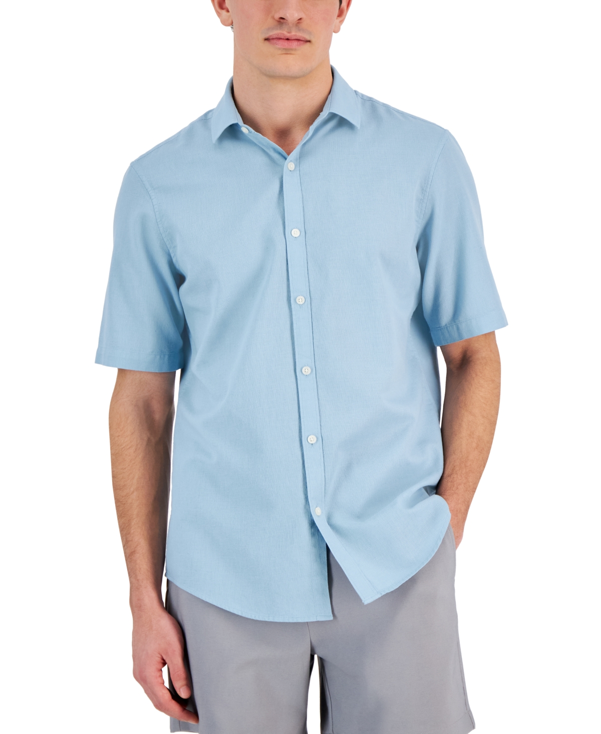 Men's Short-Sleeve Solid Textured Shirt, Created for Macy's - Neo Navy