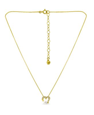 White Cultured Pearl and Cubic Zirconia Pave Heart Pendant Necklace