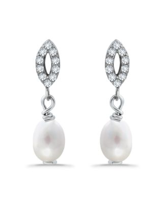 White Oval Cultured Pearl and Pave Cubic Zirconia Drop Earring
