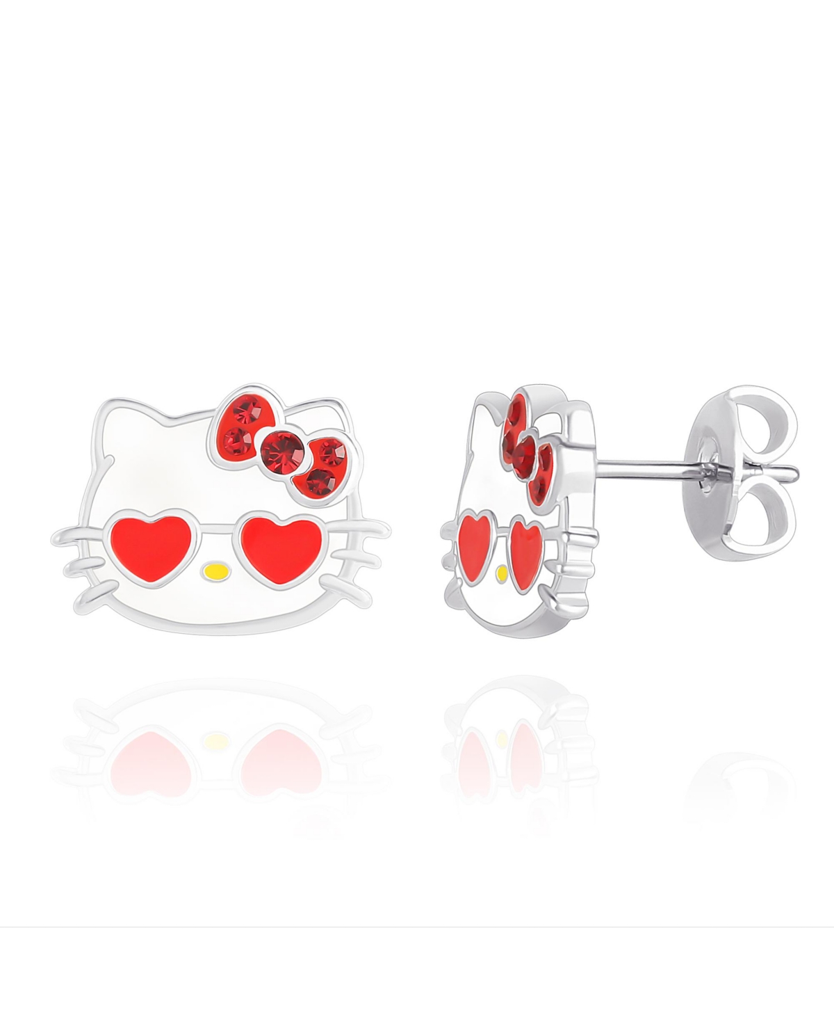Sanrio Hello Kitty Silver Plated Pink Crystal and Enamel Heart Sunglasses Stud Earrings - Red, white