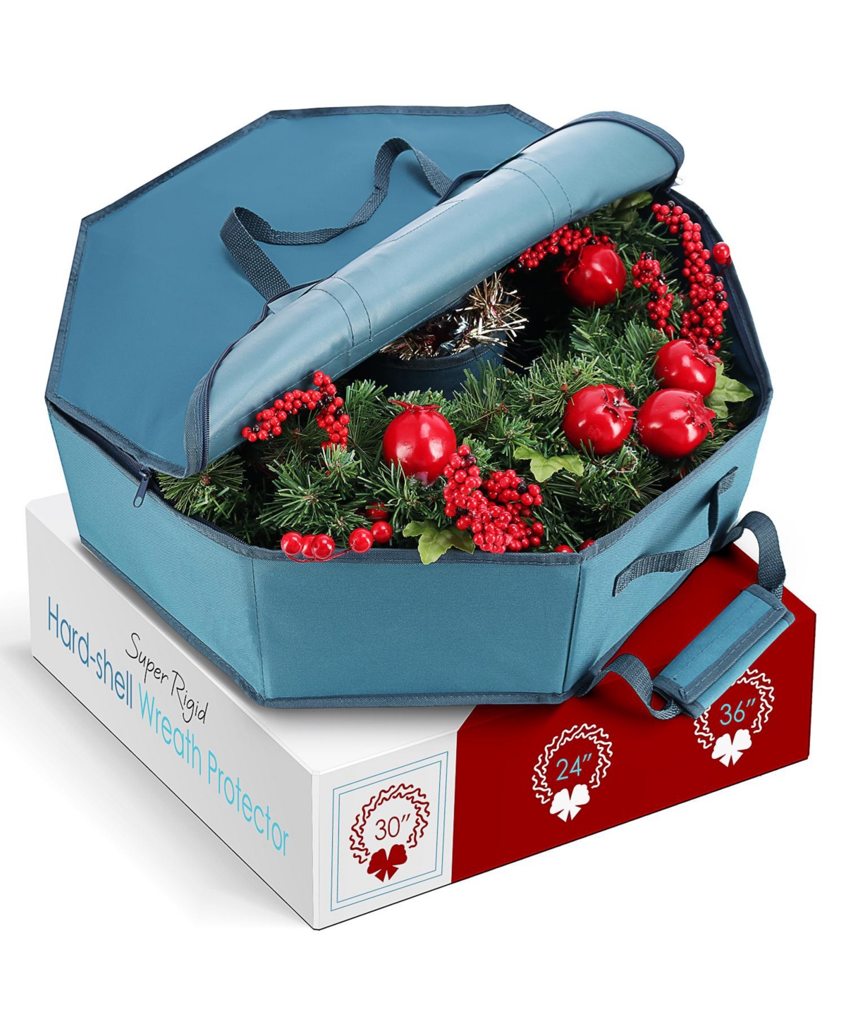 Premium Hard Shell Wreath Storage Bag with Interior Pockets, Dual Zipper and Handles - 30 Inch - Blue