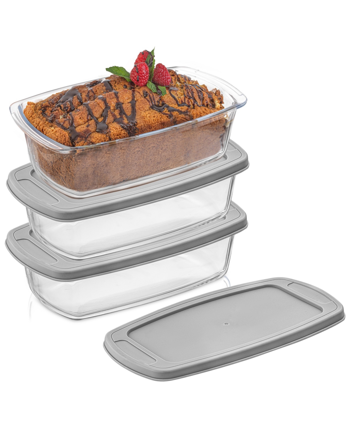Shop Joyjolt Glass Set Of 3 Loaf Pans With Lids In Gray