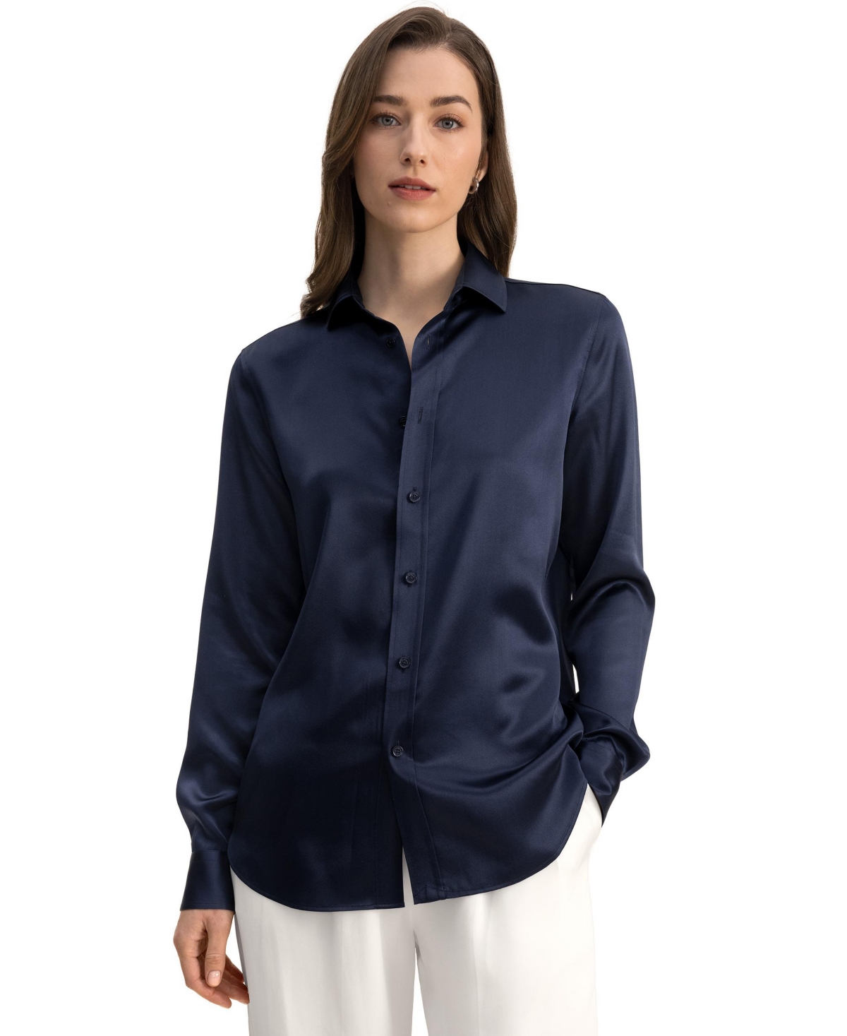 Tailored Button Down Silk Shirt for Women - Navy blue