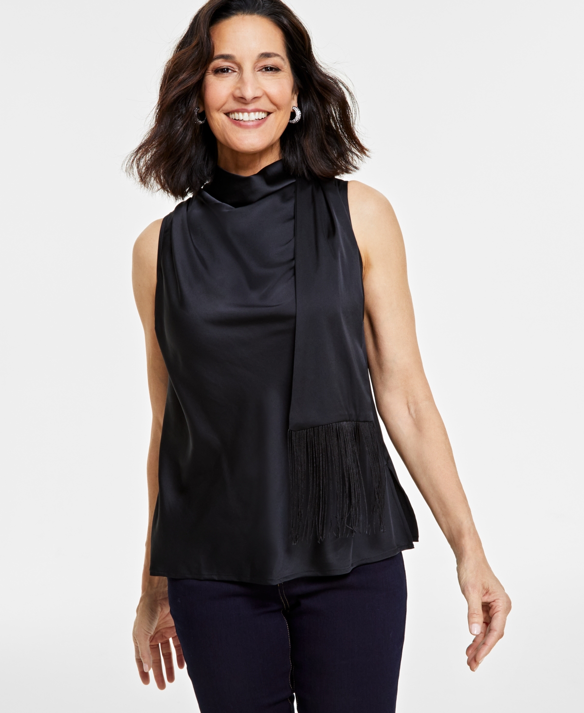 Inc International Concepts Women's Fringe-scarf Sleeveless Blouse, Created For Macy's In Deep Black