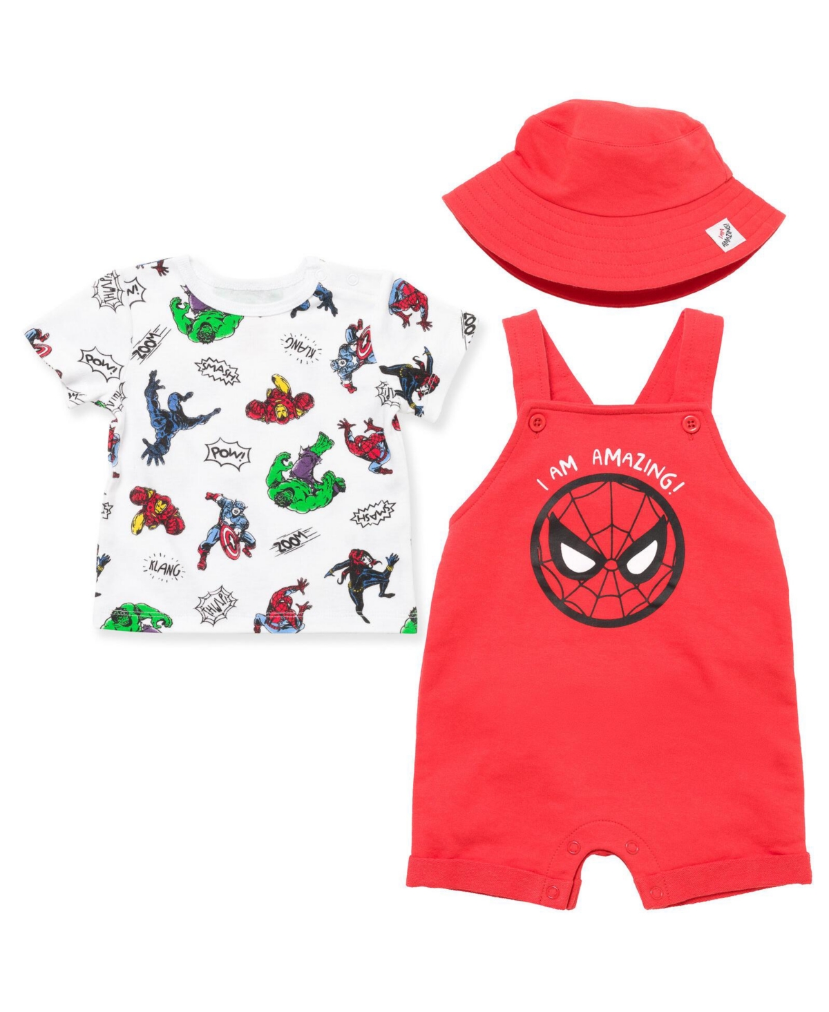 Marvel Babies' Avengers Spider-man Boys French Terry Short Overalls T-shirt & Hat 3 Pc Outfit Set Red/white In Red,white