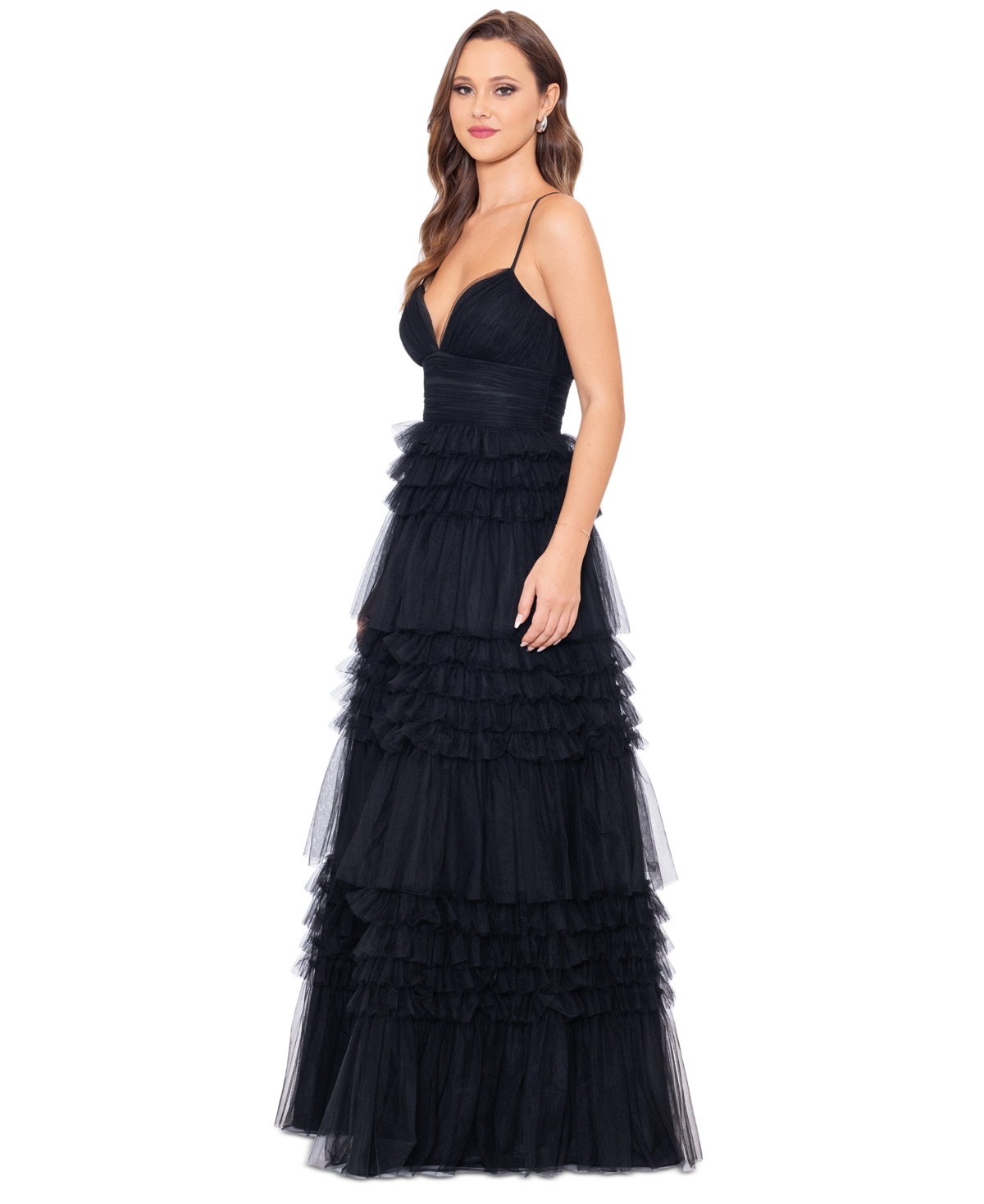 Shop Betsy & Adam Women's V-neck Sleeveless Tiered Ruffle Mesh Gown In Black