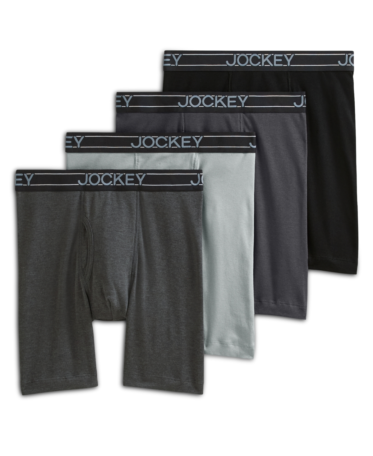 Jockey Men's Lightweight Cotton Blend 7" Long Leg Boxer Briefs, Pack Of 4 In Black,charcoal Heather,trusted Pewter,qu