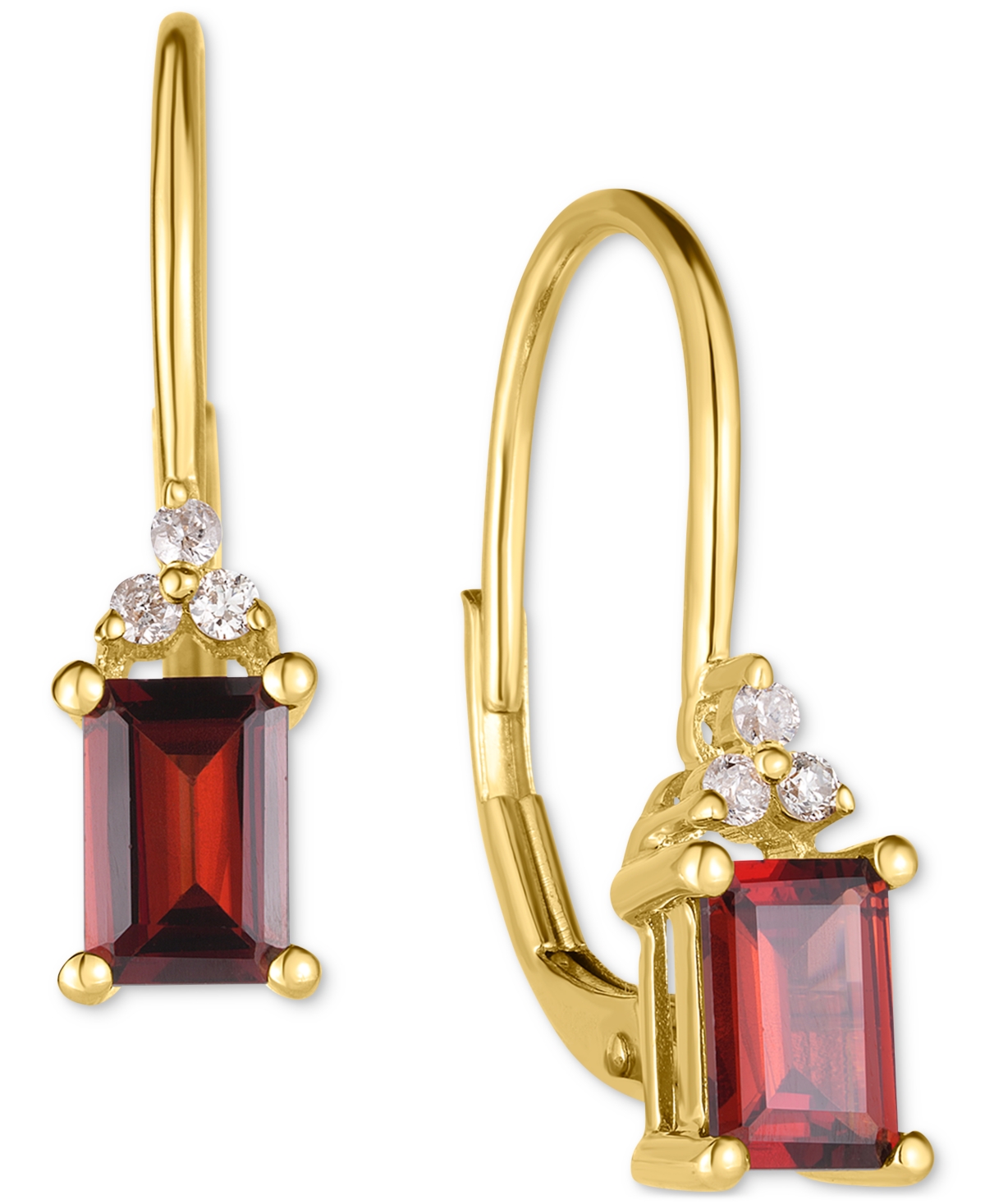 Shop Macy's Garnet (1-1/5 Ct. T.w.) & Diamond (1/20 Ct. T.w.) Leverback Earrings In 14k Gold