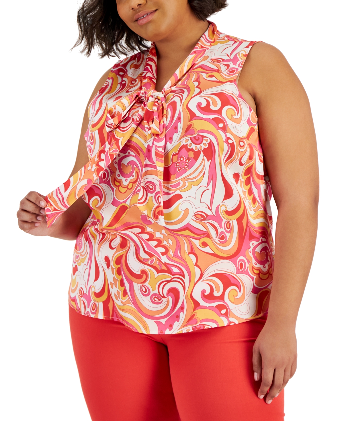 Shop Tahari Asl Plus Size Printed Sleeveless Bow Blouse In Pink Swirl