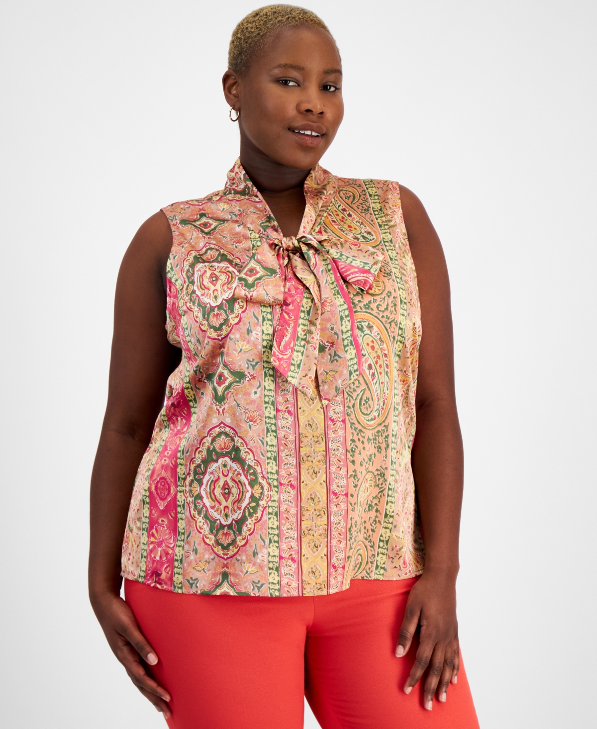 Plus Size Printed Sleeveless Bow Blouse - Olive/Peach