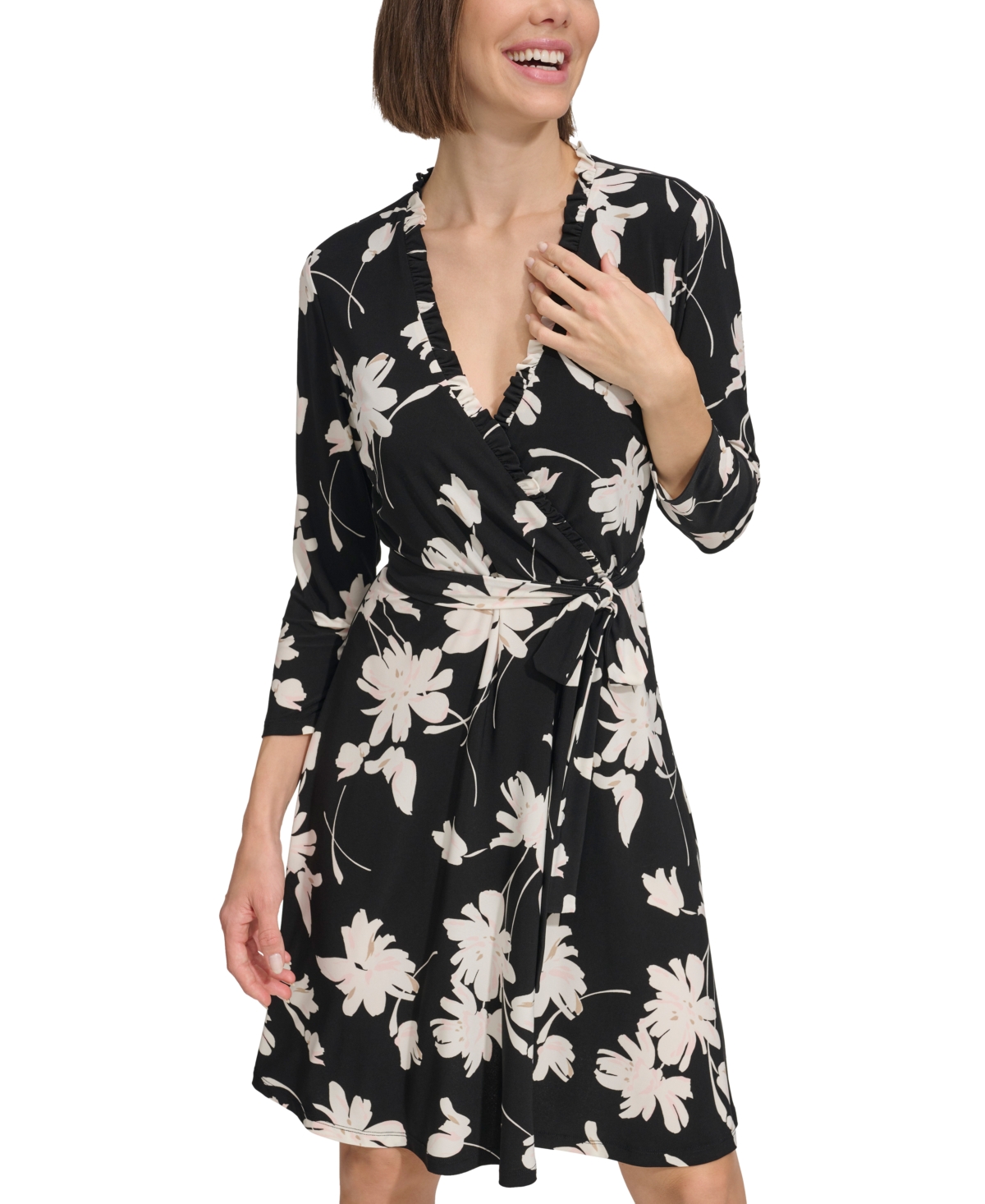 Shop Tommy Hilfiger Women's Floral Ruffle-neck Wrap Dress In Black,seashell