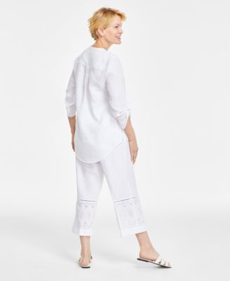 Shop Charter Club Womens Linen Eyelet Top Eyelet Trim Cropped Pants Created For Macys In Bubble Bath