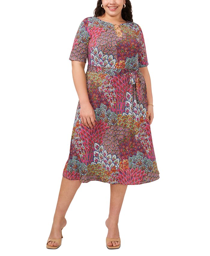 MSK Plus Size Printed Tie Waist Hardware A Line Dress Macy s