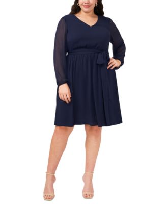 MSK - Plus Size Blouson-Sleeve Tie-Waist Fit & Flare Dress
