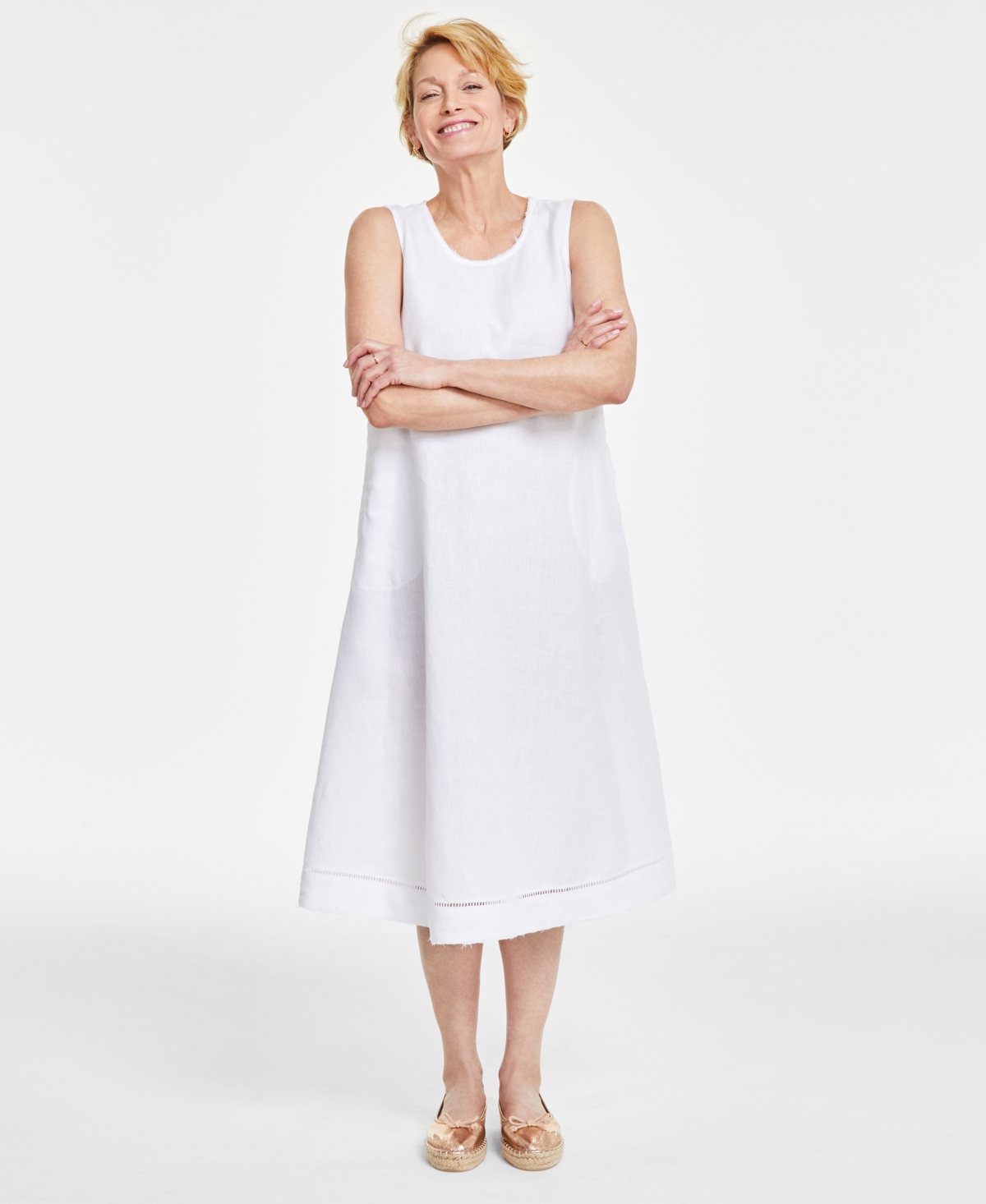 Women's 100% Linen Ladder-Stitch Midi Dress, Created for Macy's - Bright White