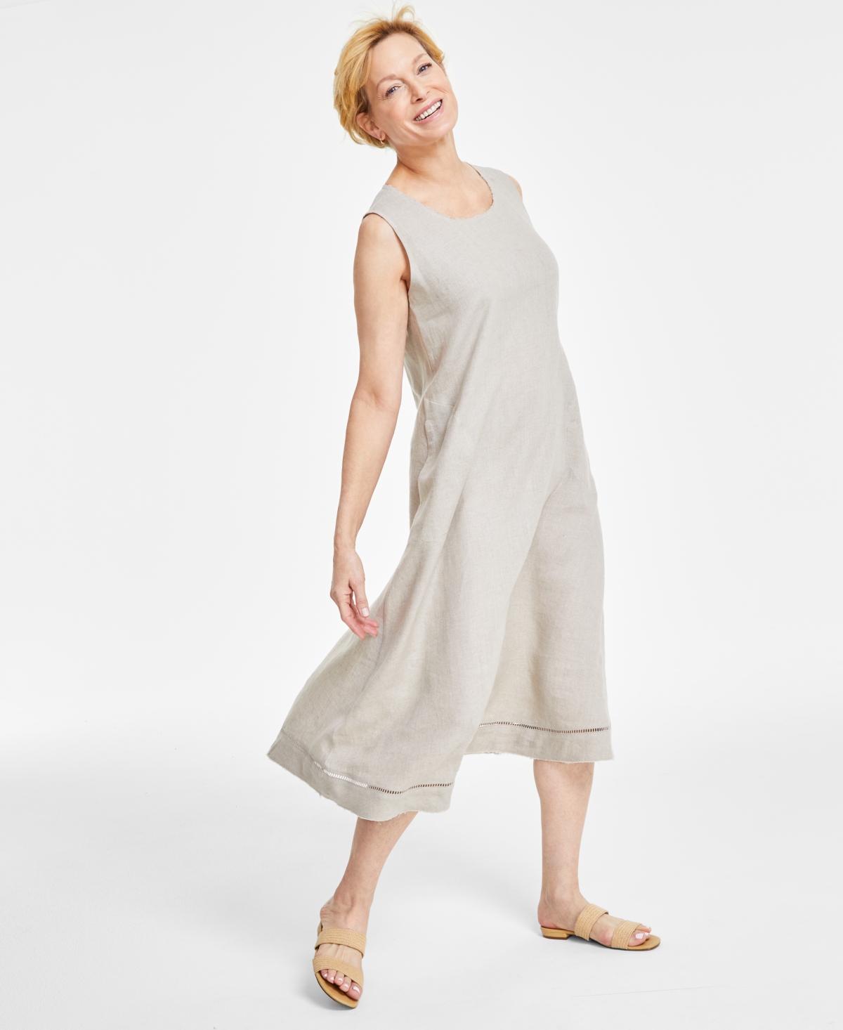 Women's 100% Linen Ladder-Stitch Midi Dress, Created for Macy's - Flax Combo