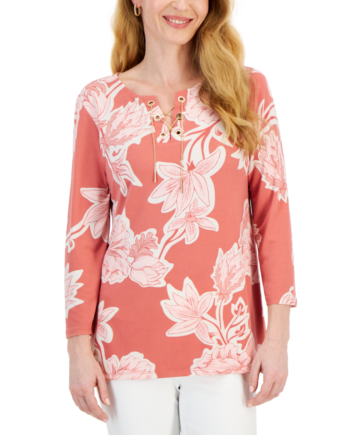 Shop Jm Collection Women's 3/4 Sleeve Printed Chain Lace-up Tunic, Created For Macy's In Peach Bliss