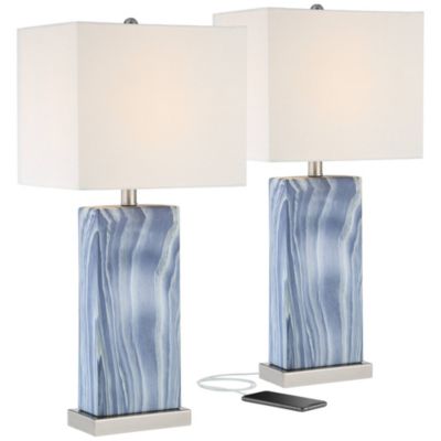 Connie Modern Table Lamps 25" High Set of 2 Blue Faux Marble with USB Charging Port White Rectangular Shade for Living Room Office Desk