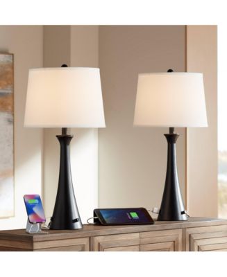 360 Lighting Karl Modern Table Lamps 28 1/4" Tall Set of 2 Black Metal with USB and AC Power Outlet in Base White Drum Shade for Bedroom Living Room - Macy's