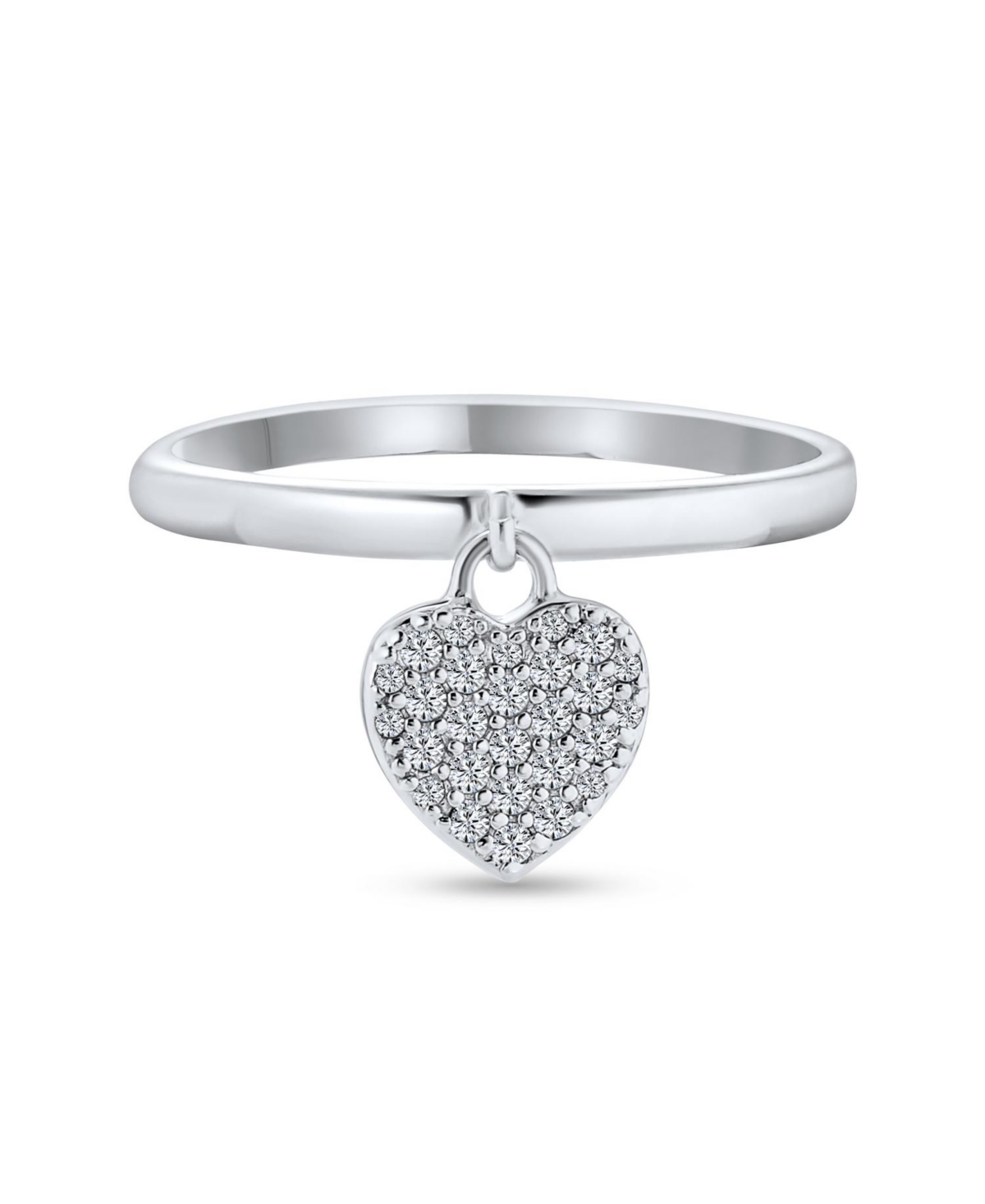 Simple Delicate .925 Sterling Silver Pave Dangle Heart Charm Ring For Teen For Girlfriend 1MM Thin Band - Clear