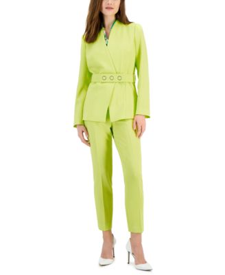 Tahari Asl Womens Belted Wrap Collarless Blazer Sleeveless Bow Neck Blouse Classic Straight Leg Pants In Lime