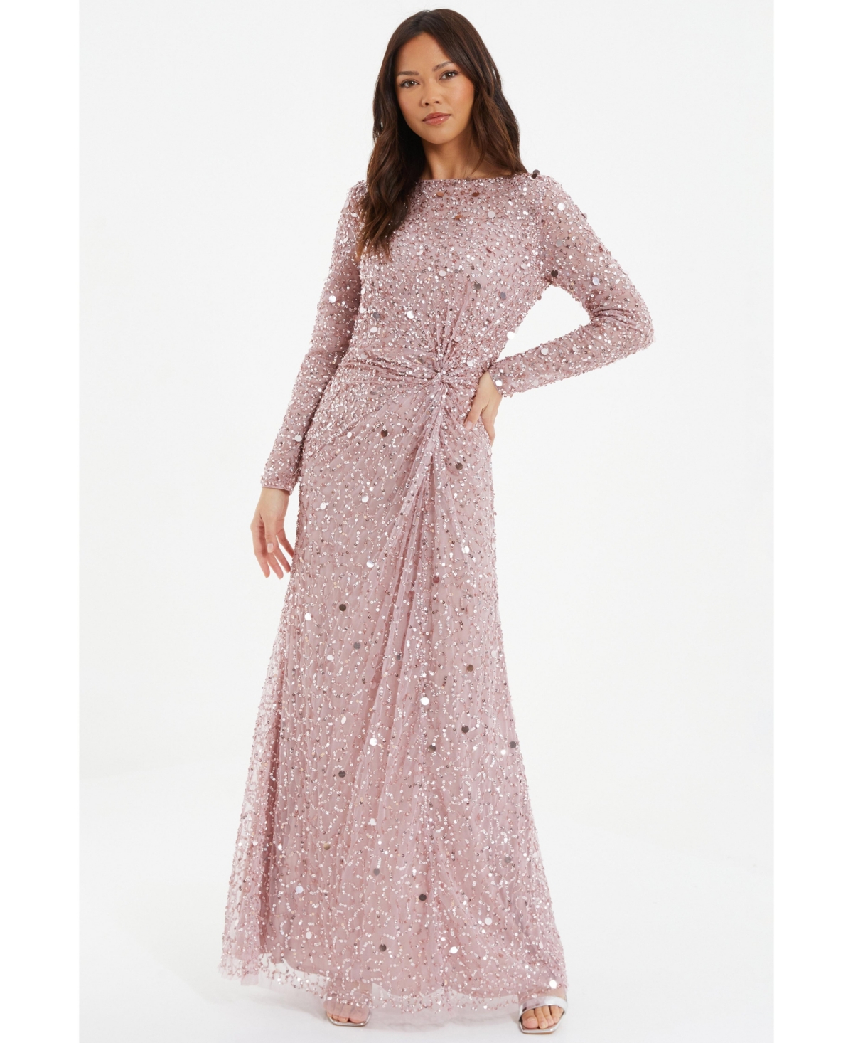 Women's Embellished Twist Detail Evening Dress - Pink
