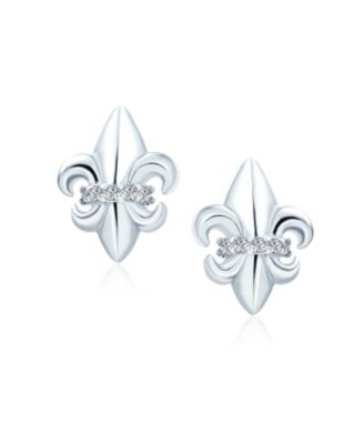Spiritual Ancient Symbol Lily Flower Fleur De Lis Pave CZ Accent Fleur De Lis Stud Earrings Lightweight CZ Accent Sterling Silver