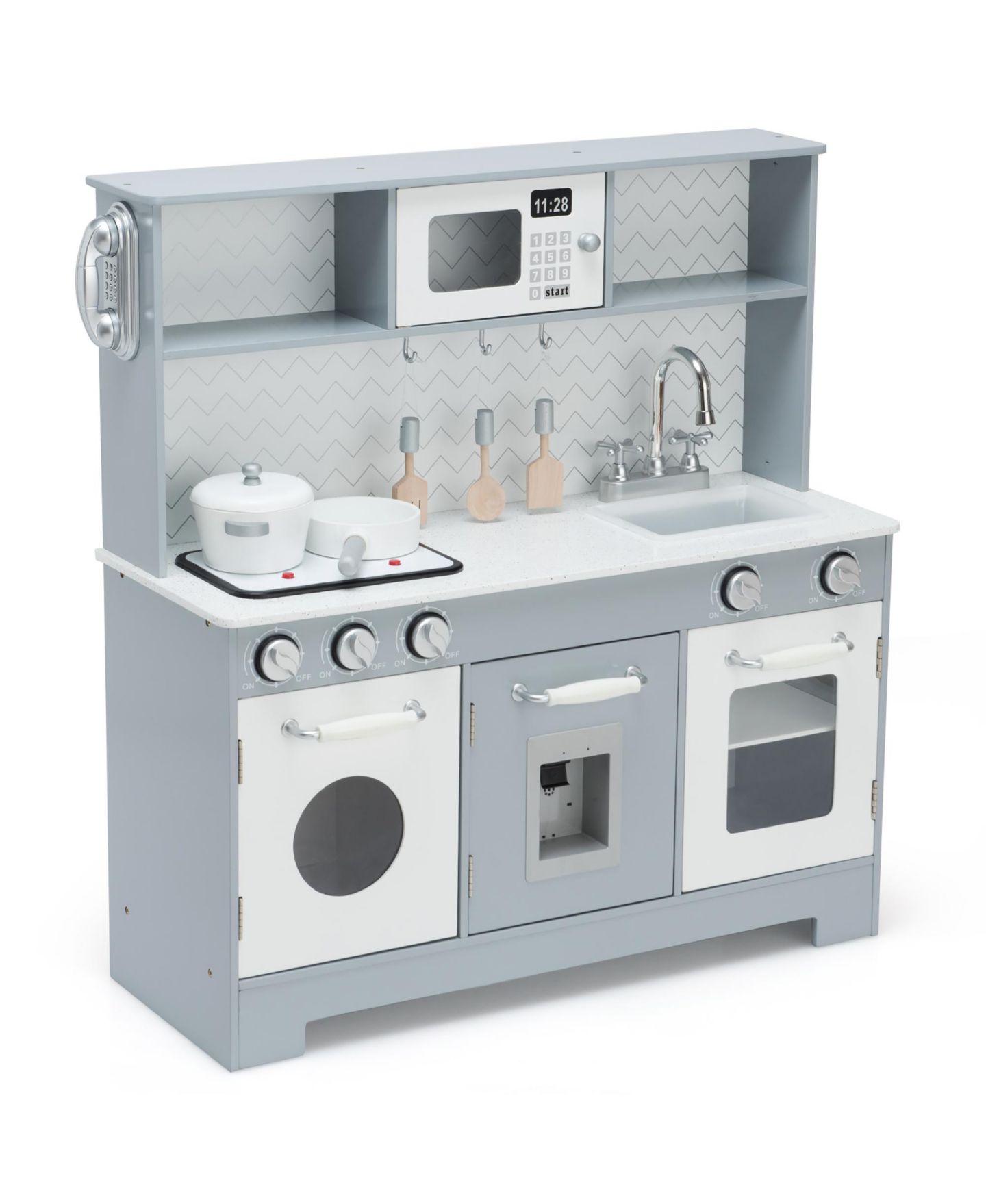 Детские игрушки Costway Realistic Light & Sound 6-Piece Wooden Play Kitchen, Ages 3+, цвет: Серый — фото 1