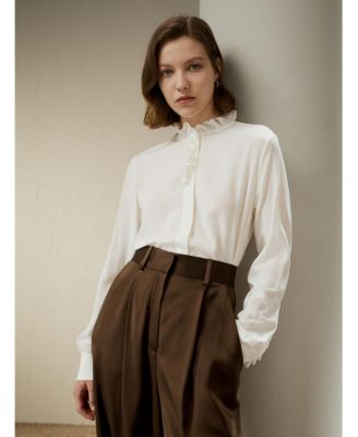 Women's Crepe de Chine Silk Blouse with Ruffle Edge