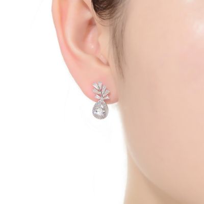 Sterling Silver with White Gold Rhodium Plated Clear Pear with Round and Tapered Baguette Cubic Zirconia Accent Drop Earrings