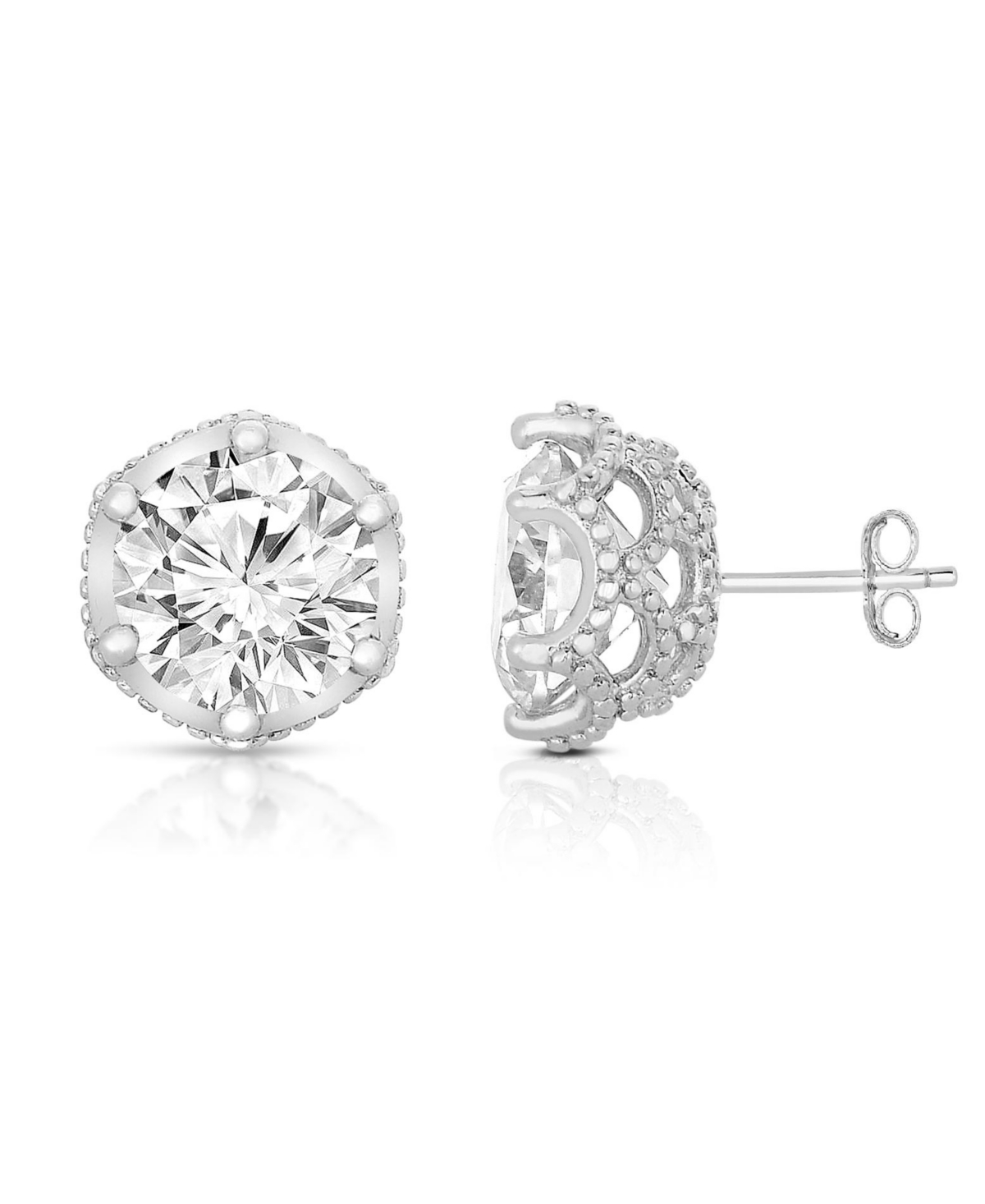 Sterling Silver White Gold Plated Round-cut Cubic Zirconia Stone stud Earring - Silver
