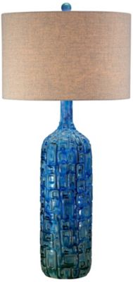 Mid Century Modern Table Lamp Ceramic Tiled Teal Tall Tan Linen Drum Shade for Living Room Family Bedroom (Colors May Vary)