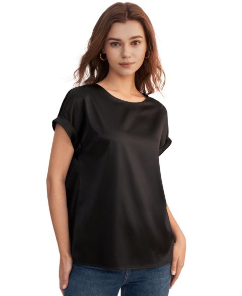 Женская футболка LILYSILK Short Sleeves Round Neck Silk, цвет: Чёрный