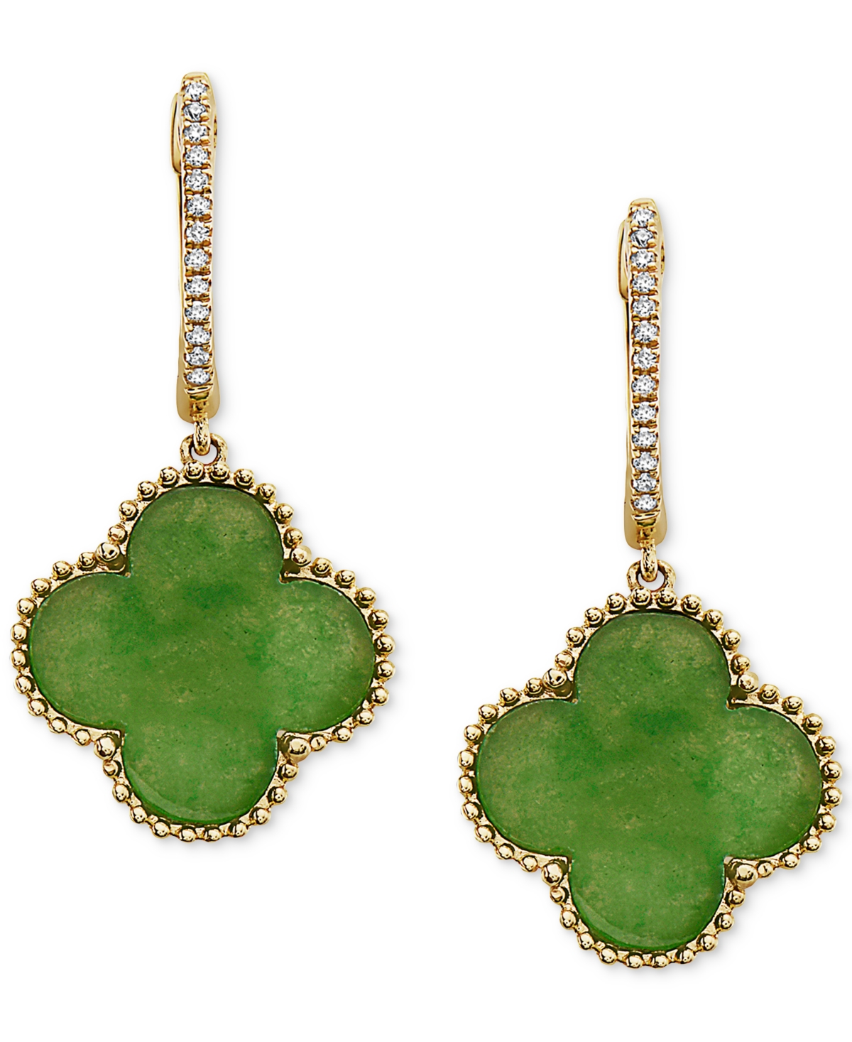 Shop Effy Collection Effy Dyed Jade & Diamond (1/20 Ct. T.w.) Beaded Clover Dangle Hoop Drop Earrings In 14k Gold In Yellow Gold