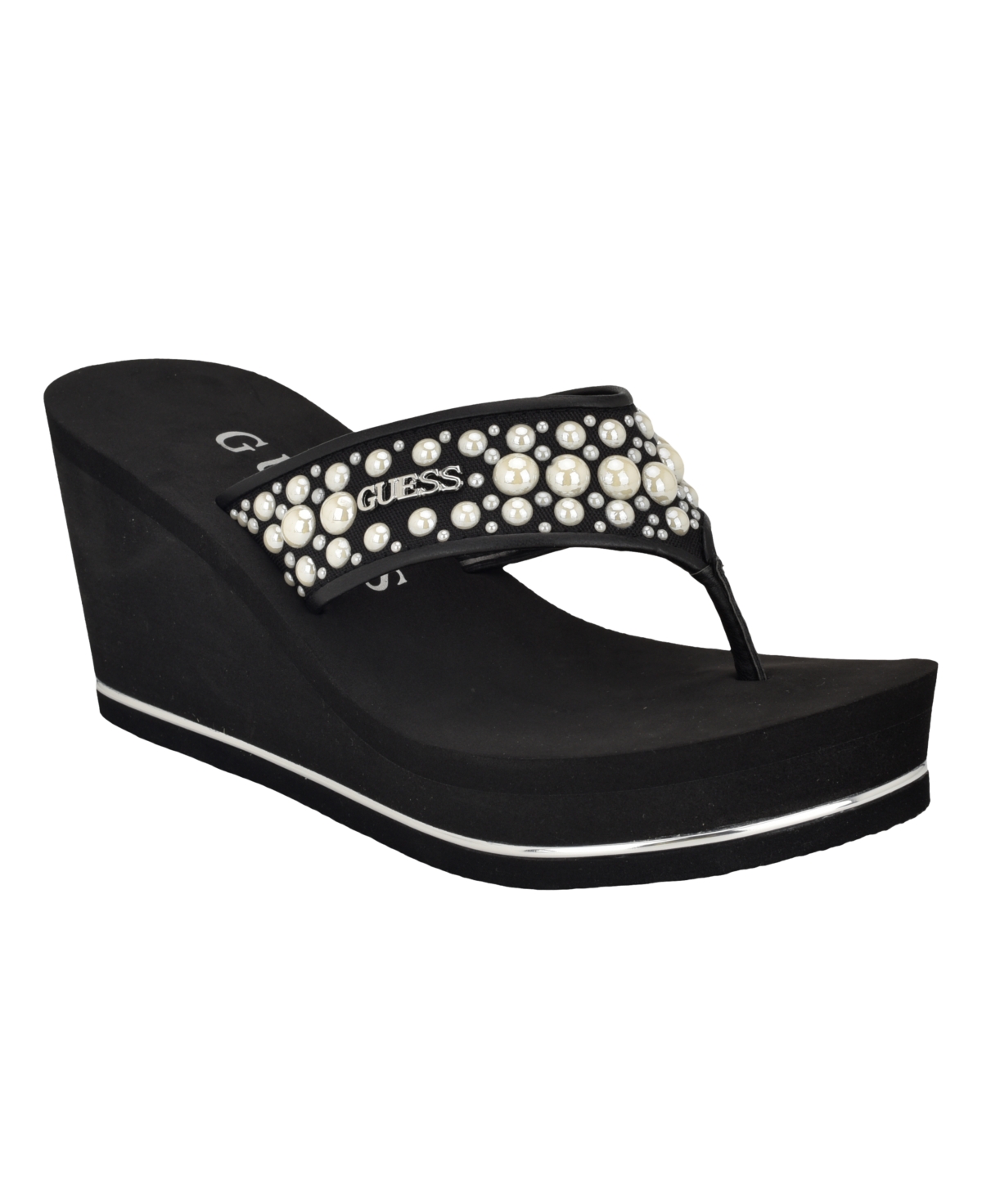 Guess Women's Silus Imitation Pearl Detail Thong Wedge Sandals In Black