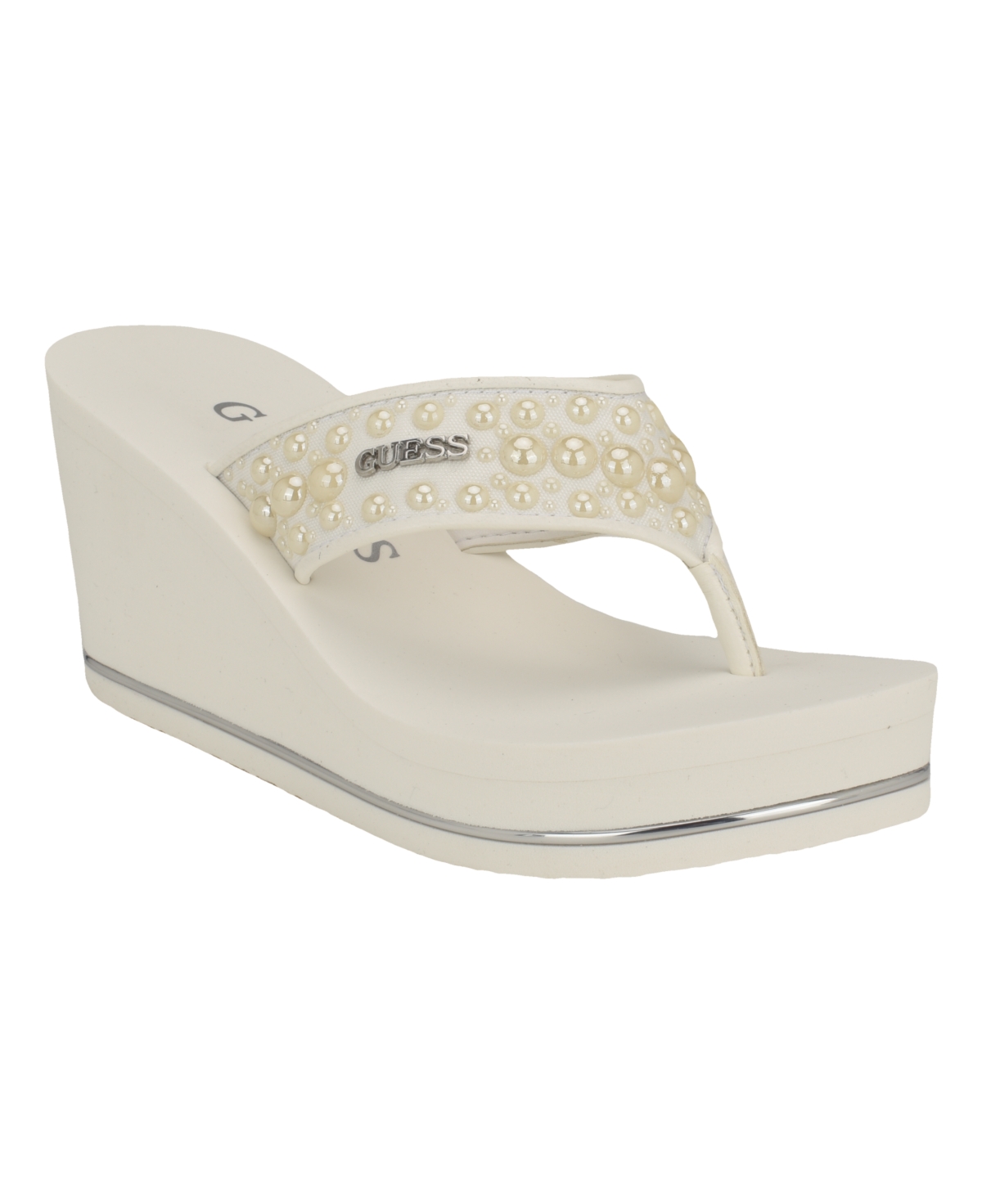 Guess Women's Silus Imitation Pearl Detail Thong Wedge Sandals In White