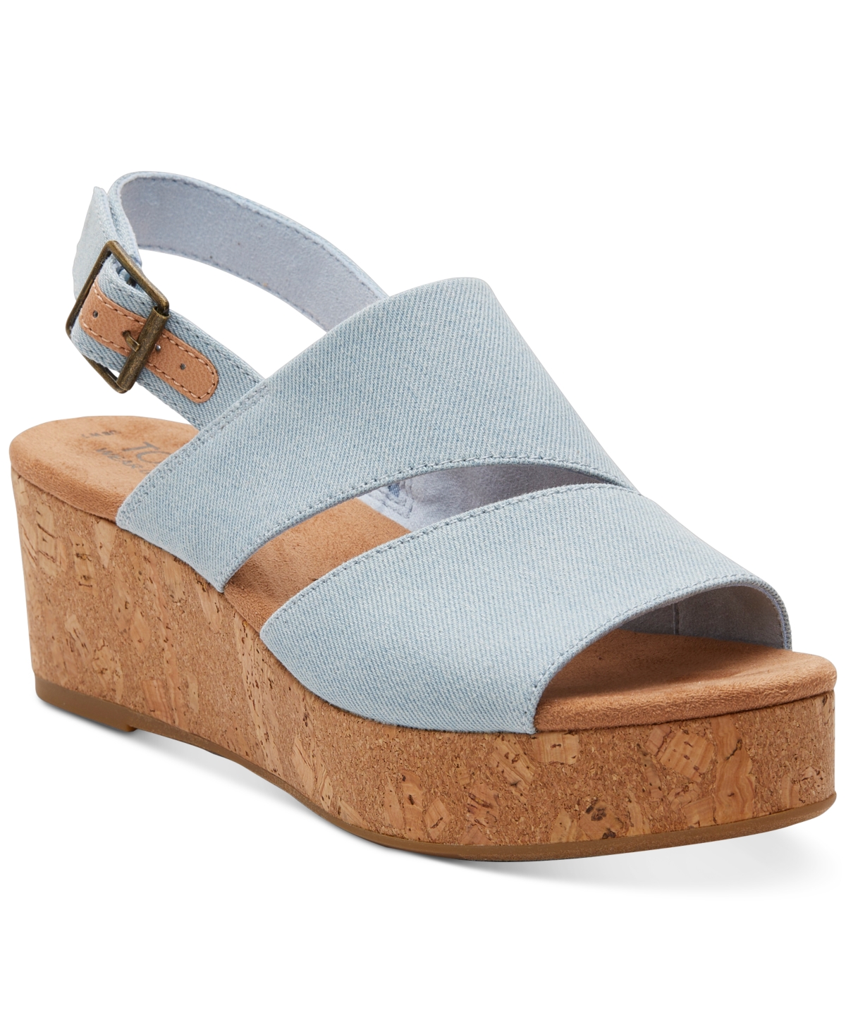 Shop Toms Women's Claudine Slingback Cork Wedge Platform Sandals In Pastel Blue Washed Denim