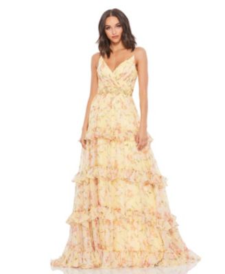 Mac Duggal Women's Tiered Floral Chiffon Gown - Lemon | Smart Closet